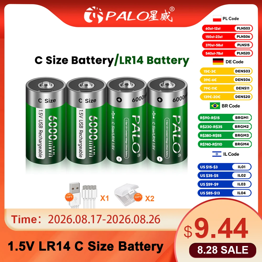 PALO 1,5V C-Größe Li-Ionen-Akku 6000mWh Typ C Wiederaufladbare Lithium-Batterien C-Größe Lipo LR14 Akku für Taschenlampen Gaskocher