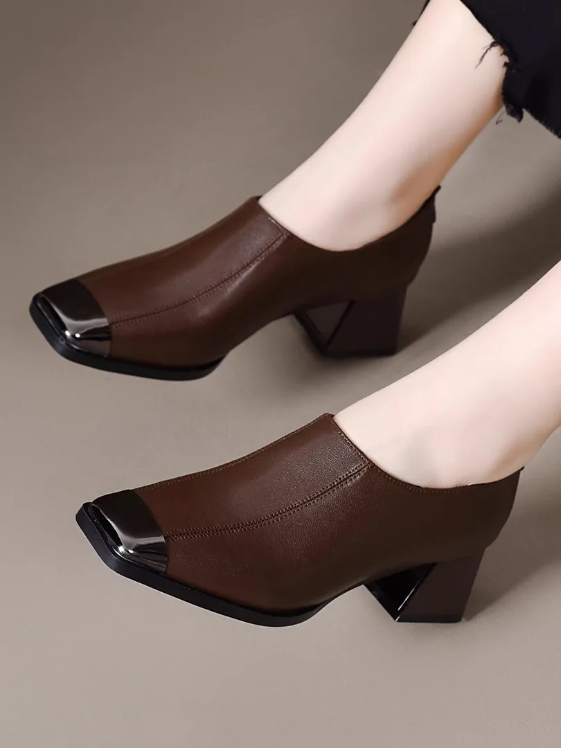 

Deep Mouth Faion Single oes для женщин, средний каблук, Thi Heel Leather oes, весна-осень, высокий каблук с квадратной головкой Mom oes