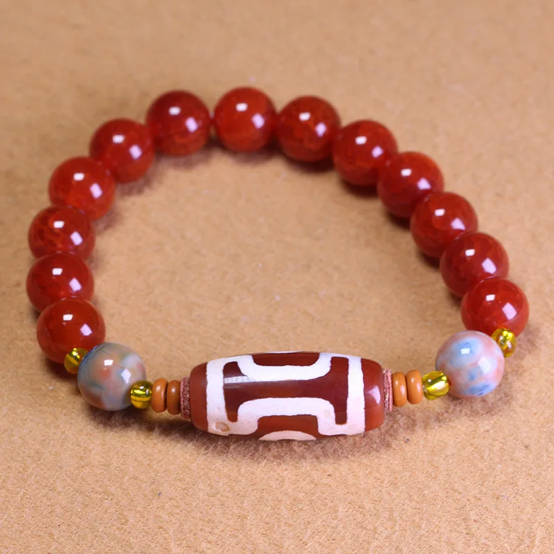 Dragon Scale and Phoenix Blood Agate with Two-Eye Dzi Beads 10mm Single Strand Tibetan Style Vintage Bracelet Unise