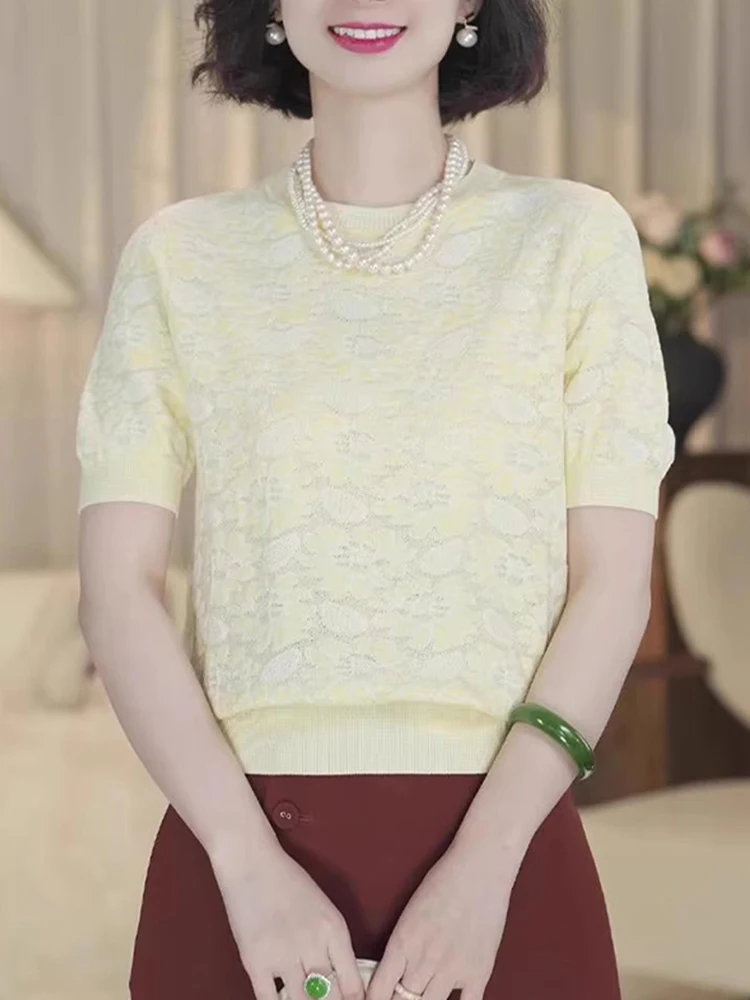 

Chic Summer Casual Ice Silk ort Sve Knitted round Ne Top Women's Faion Slimming Sli Commute Korean Version Strai...