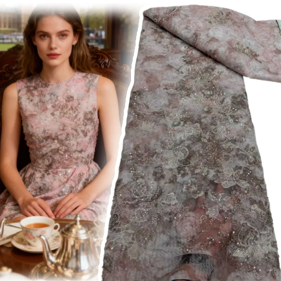 

Африканская свадебная вышитая кружевная ткань с блестками и бусинами, нигерийская французская кружевная ткань для вечерних платьев, 5 ярдов 1891