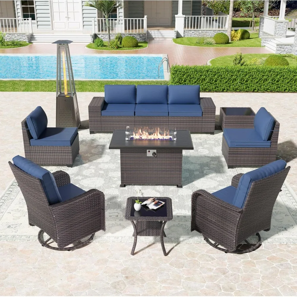 11 Pieces Outdoor Patio Furniture Set with Gas Propane Fire Pit Table,PE Wicker Rattan Sectional Sofa Patio Conversation Sets