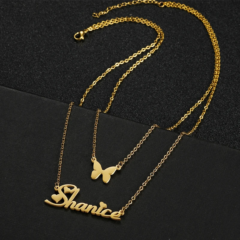 Customized Double Layers Name Necklace Heart Butterfly Birthstone Zircon Stainless Steel Pendant Choker Women Chain Jewellery