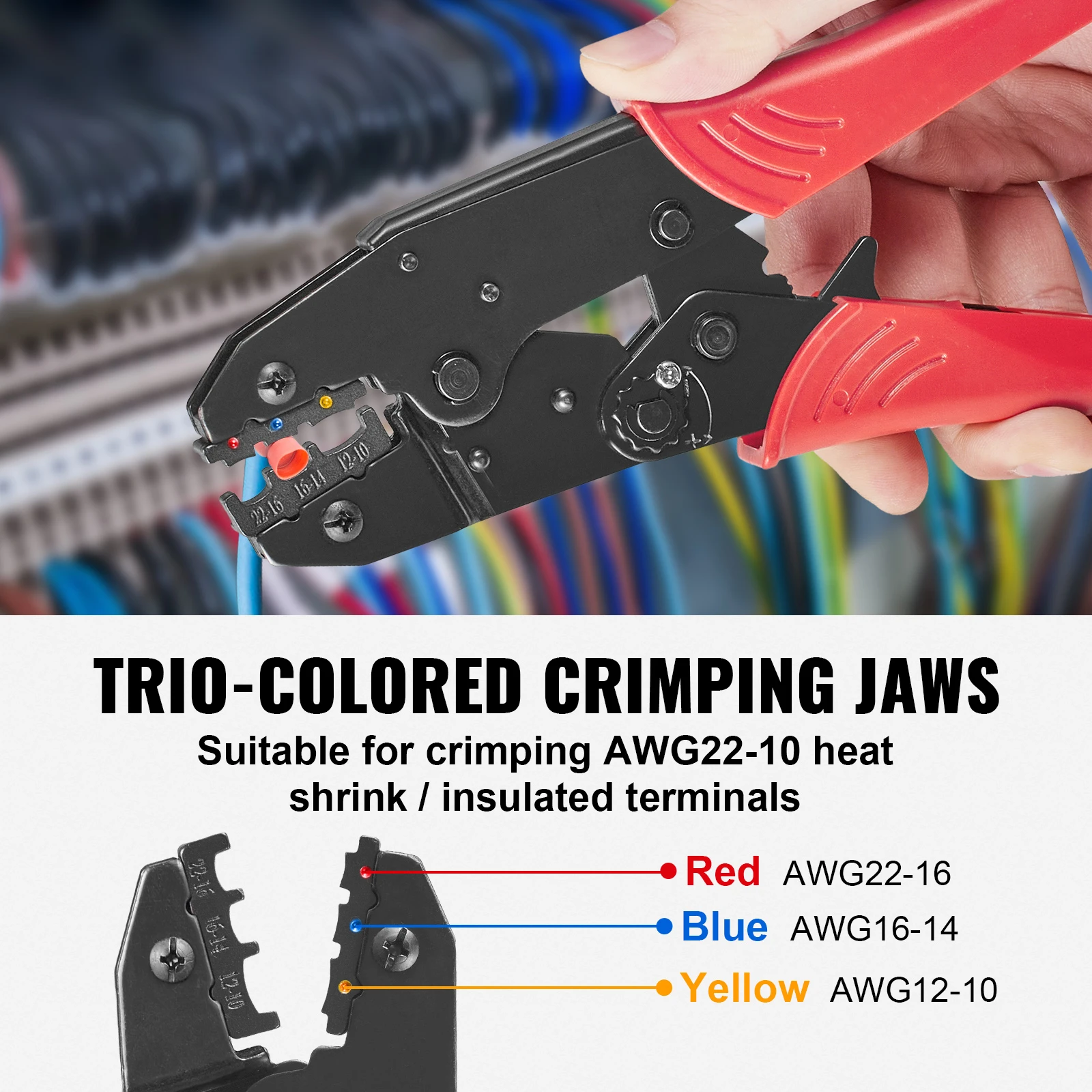 Set di strumenti di crimpatura a cricchetto per connettori elettrici isolati AWG22-10 con spelafili e tubi termorestringenti da 210 pezzi