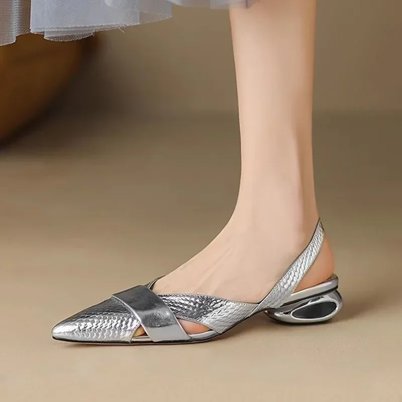 2024 Women's Sandals Sexy Hollow Shaped Heel Slingback Heels Fashion Pointed-toe Pumps Luxury Scales Patent Leather Ladies Shoes