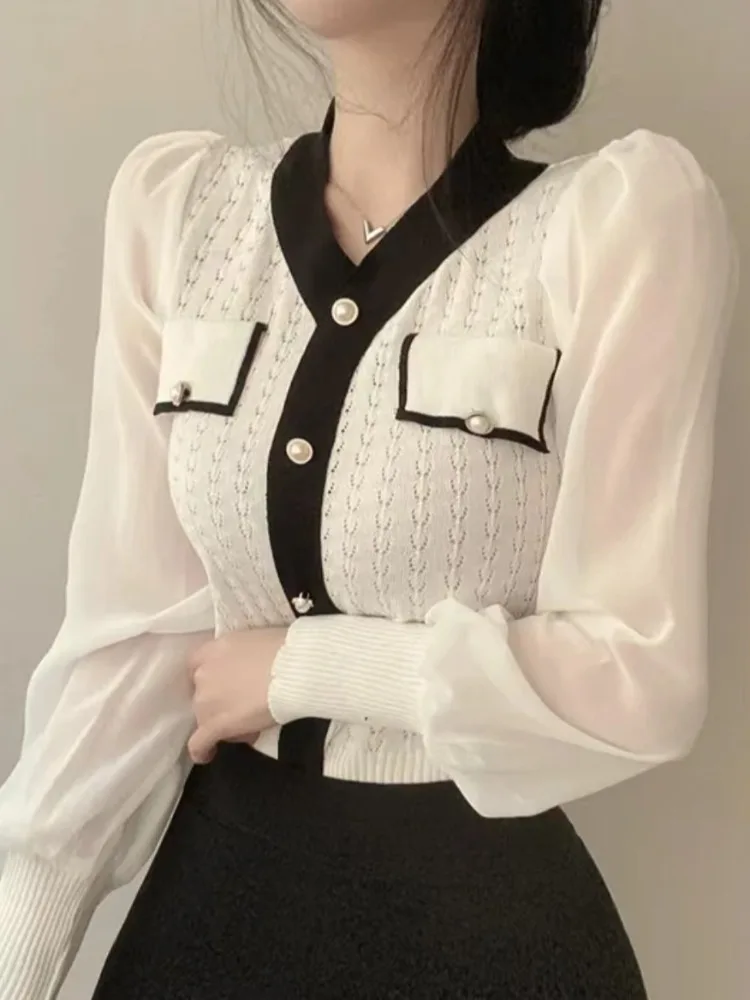 

Ранняя весна Design Sense Long Sve вязаный топ женский жемчужный пуговицы Splice Color Blo V-Ne пуловер Base irt