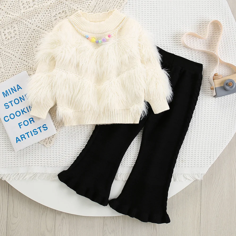 

Autumn Winter Children Girls Two-piece Clothes Set Faux Fur Soft Pullover Kniwear Outfits Loose Solid Elastic Waist Falred Pants
