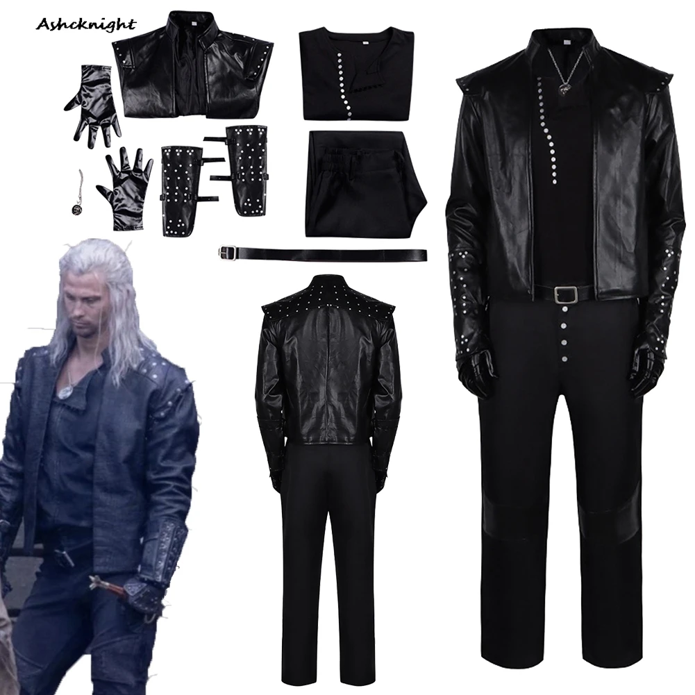 

TV Wizard 5 Cosplay Geralt Black Top Pants Clothes Party Disguise Halloween Costume Carnival RolePlay Outfits Suit For Men Adult