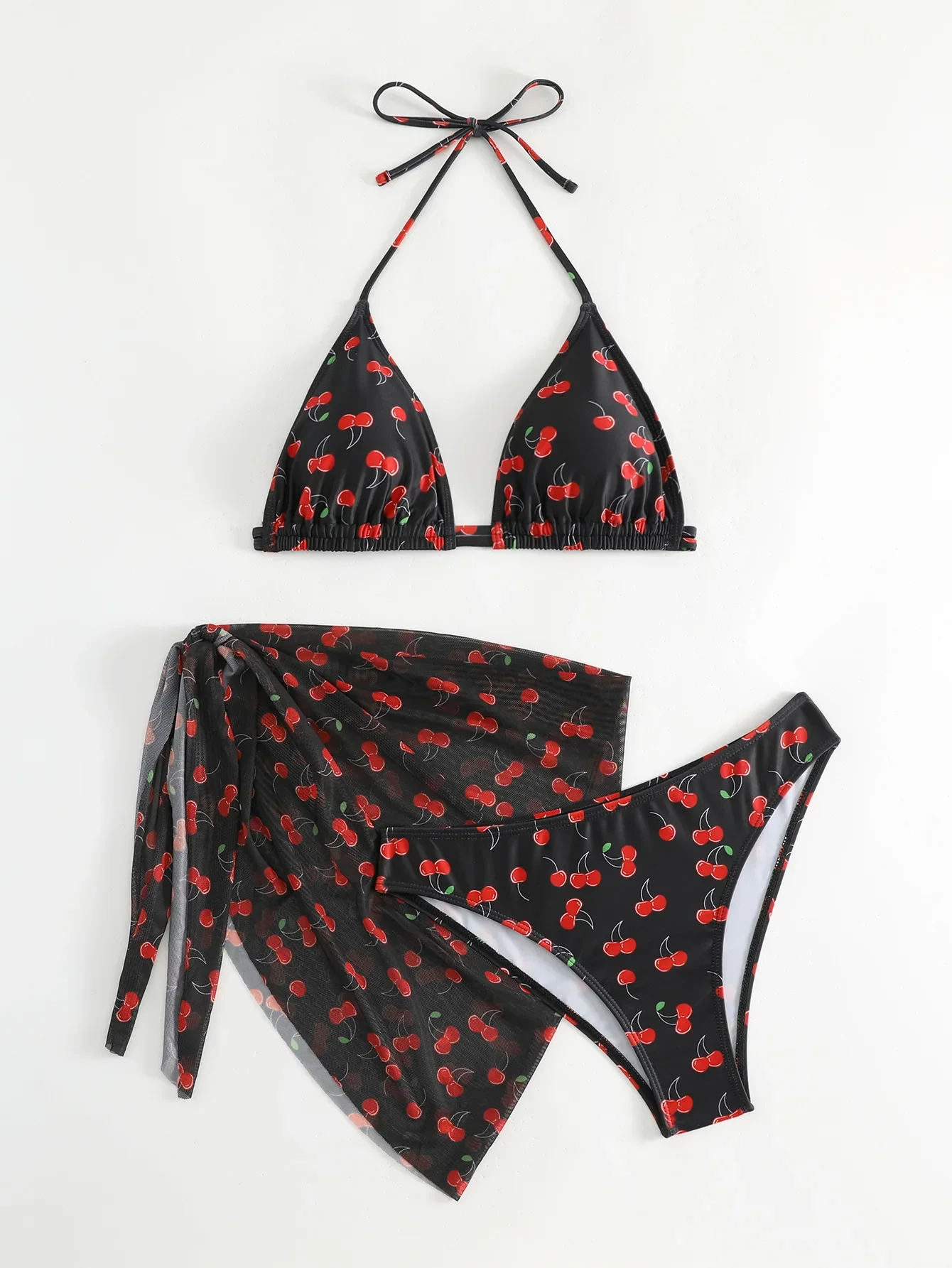Conjunto de bikini Frech chic con estampado de cereza para mujer, traje de baño de tres piezas con falda de malla, traje de baño, trajes de playa, biquini