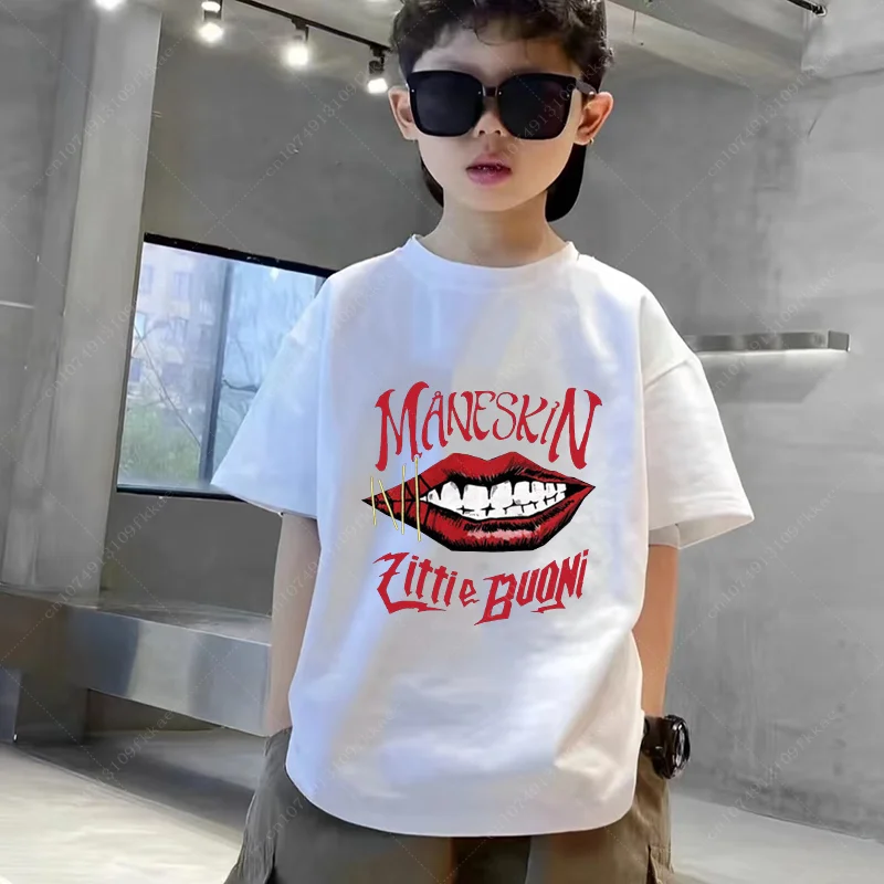 Maneskin Funny Boy Girl T-shirts Kid Children Anime Gift Present Little Baby Harajuku Clothes Cotton Teenager Summer Unisex Tops