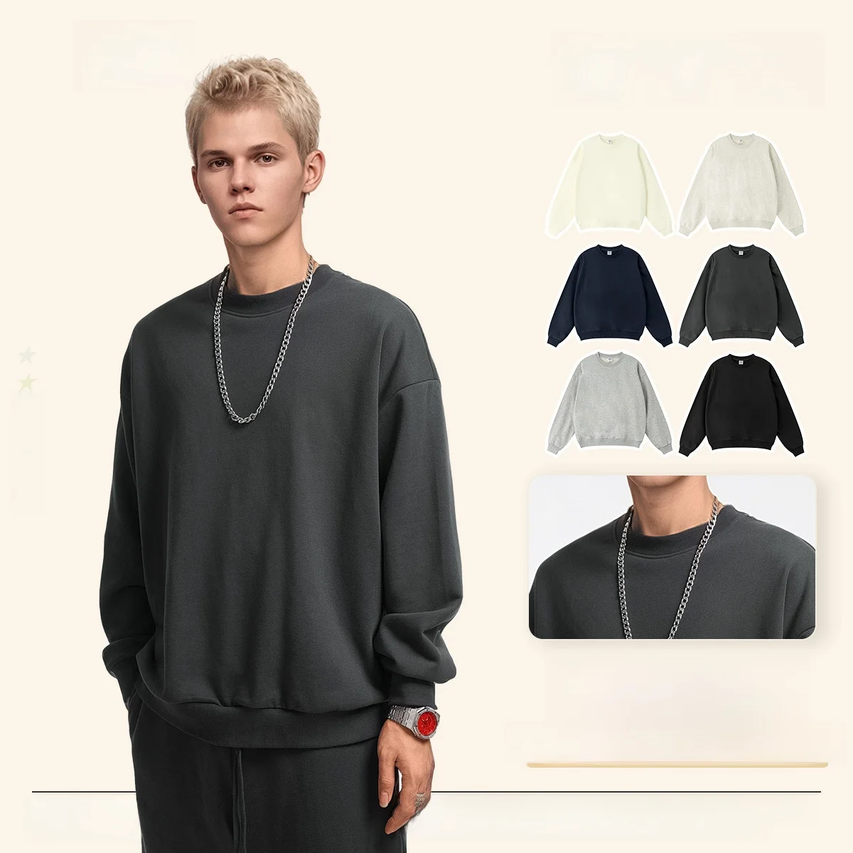 

Men's Basic Color round Ne Sweatirt Loose Large Size Fce Hoodie Cotton Thiened Autumn Season Faion Top