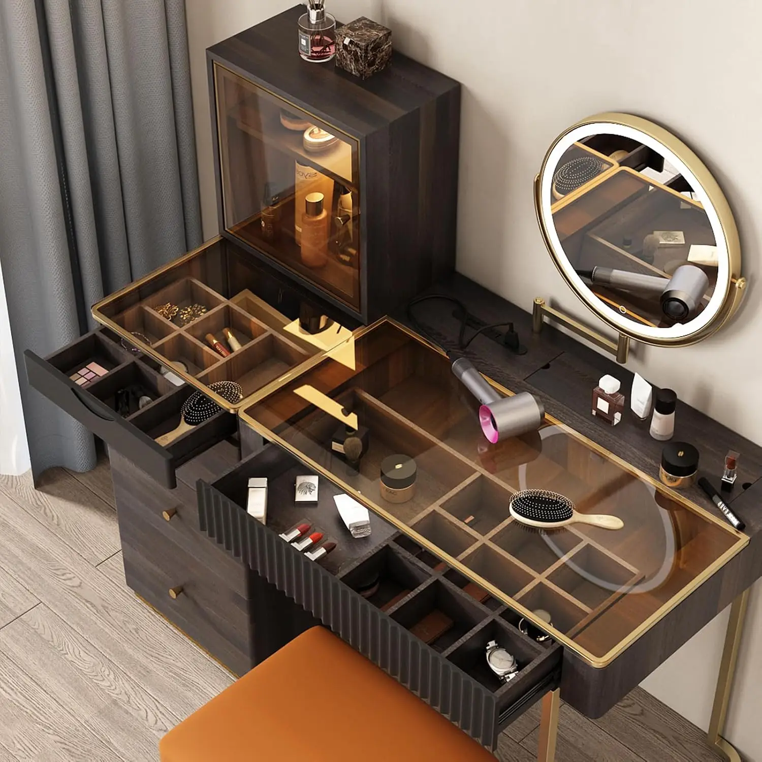 Makeup Vanity Table with Stool,Very Easy to Assemble，Dressing Table,Dresser Desk,LED Lighted Mirror, Stainless Steel Legs, 5 Dra