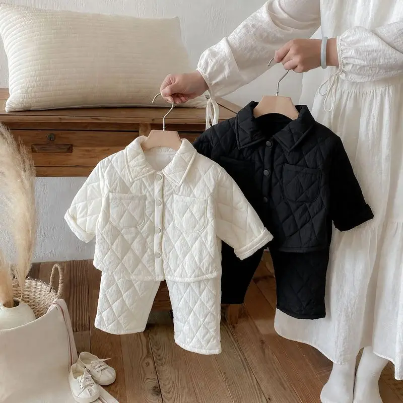 Kids 2Pcs Quilted Outfit Lapel Button Down Jacket & Elastic Waist Wide Leg Pants Boys Girls Warm Winter Set