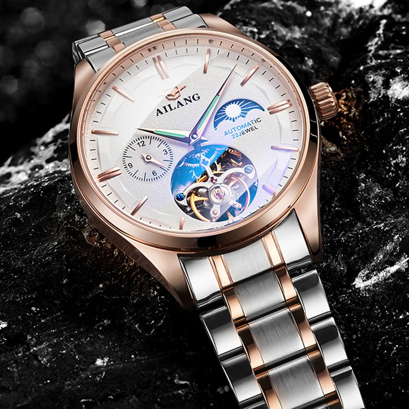 

AILANG Brand New Luxury Men's Mechanical Watch Stainless Steel Waterproof Luminous Automatic Moon Phase Tourbillon Watches Male