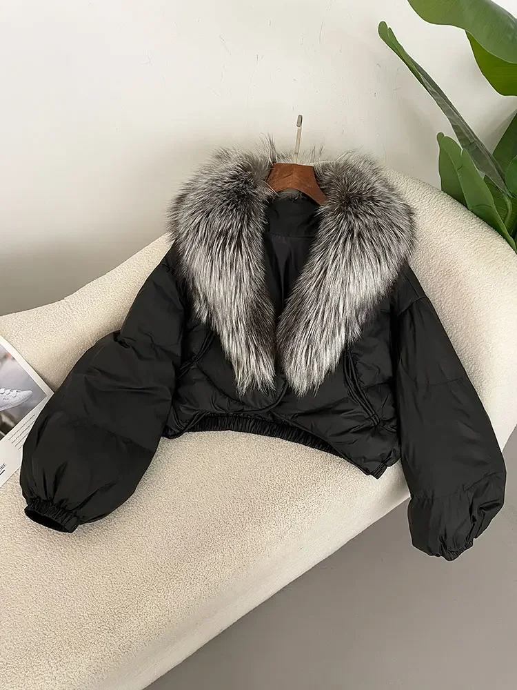 2025 겨울 숏 아우터웨어 스트리트웨어 루즈 캐주얼 재킷 여성용 리얼 폭스 라쿤 퍼 칼라 내추럴 두꺼운 따뜻한 덕다운 코트