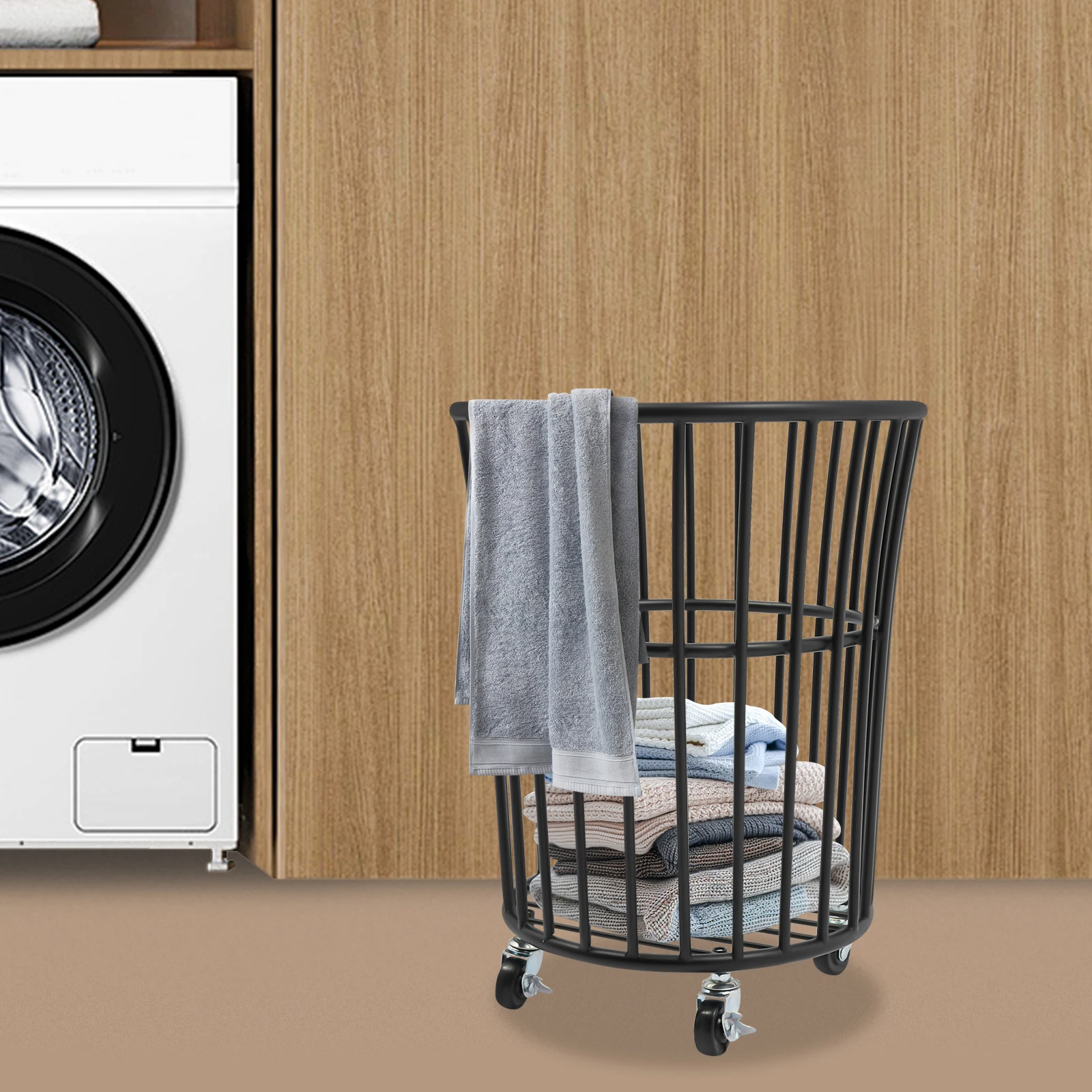 

Black, Laundry Basket with Wheels, Rolling Laundry Basket, Metal Laundry Basket for Bathrooms Laundry Rooms Kitchens, 40*36*36cm