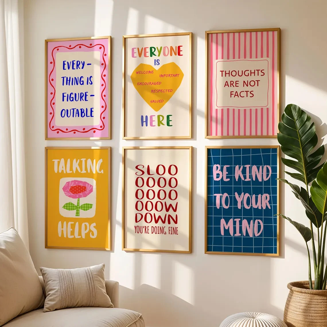 1/6pcs Pink Flower Mental Health Canvas Print Yellow Love Inspirational Quotes Wall Art Poster Suitable for Nursery Home Decor