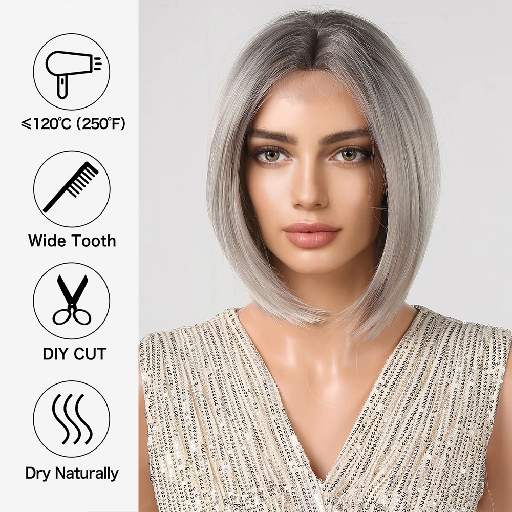 EASIHAIR Synthetic Hairline Lace Wigs Silver Gray Blonde Short Bob Wigs Middle Part Lace Hairline Wig for Daily Heat Resistant