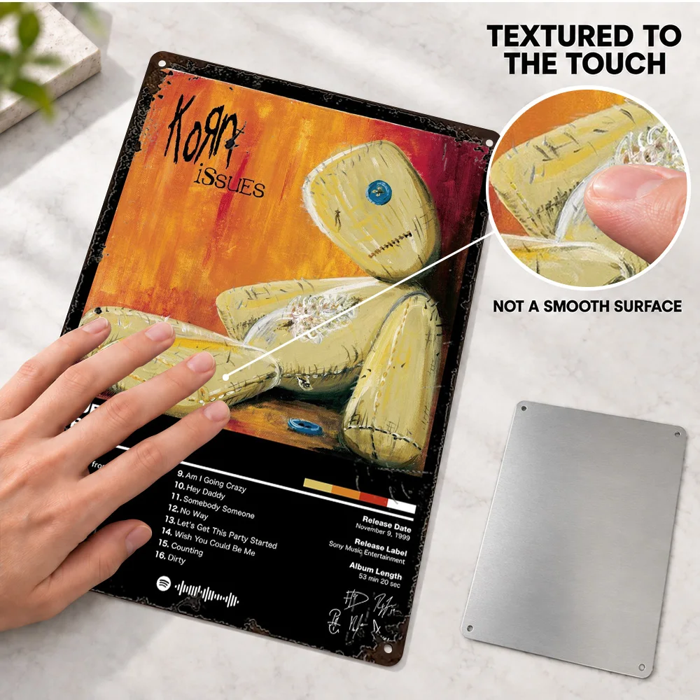 Korn Issues Music Album Textured Metal Poster Personalized Aluminum Sign Illustrated Wall Art For Studio Record Collector Gift