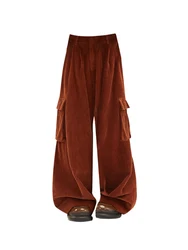 Harajuku Fashion Cargo Pants Hip Hop Straight Loose Casual Vintage Oversize Red Full Length Trousers Elastic Waist  BF Japanese