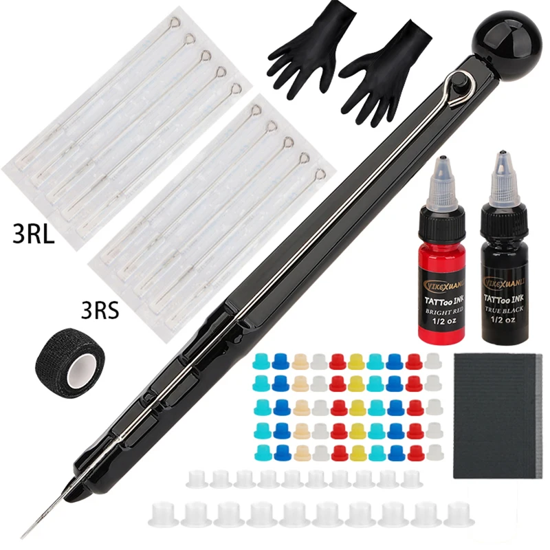 

1 Set Hand Poke Pen and Stick Tool Tattoo Needle Holder 15ml black and redTattoo Ink Cup Pigment Glover Grommet Bandage Kit