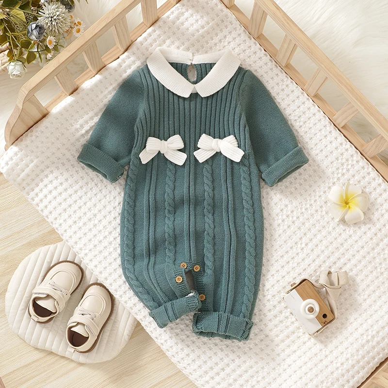 

Green Baby Girls Rompers Fashion Bowknot Knit Newborn Infant Full Sleeve One Piece Jumpsuits Spring Fall Winter Toddler Overalls