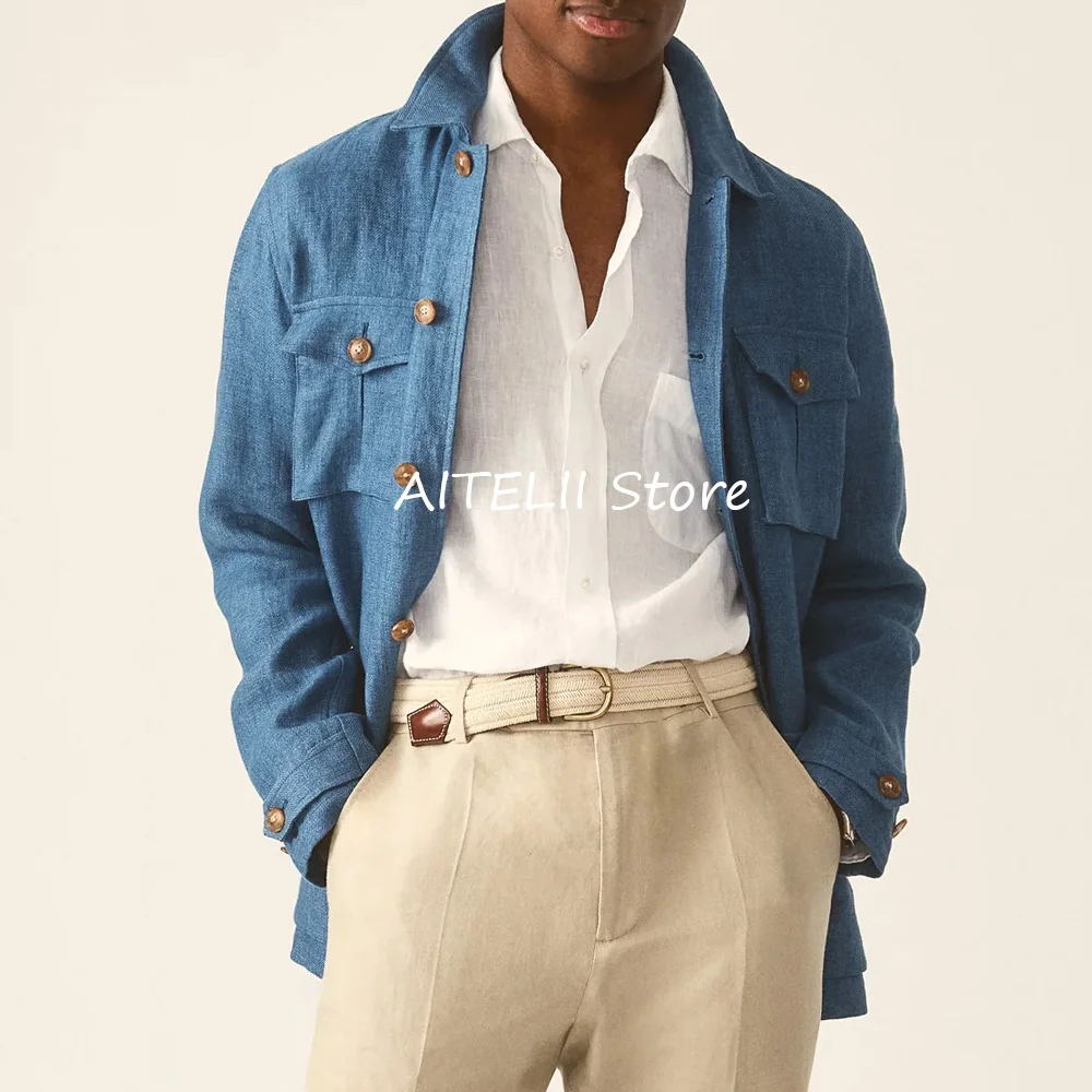Suit Jackets Linen Elegant Sack of Man Men's Jacket Blazers for Man Lapel Suits Single-breasted Casual Clothes Four Pockets