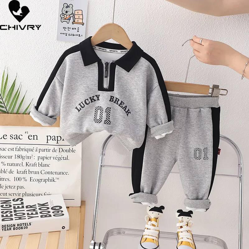 

New 2023 Kids Baby Spring Autumn Fashion Contrast Color Lapel Letter Sweatshirt Tops with Pants Boys Casual Sports Clothing Sets