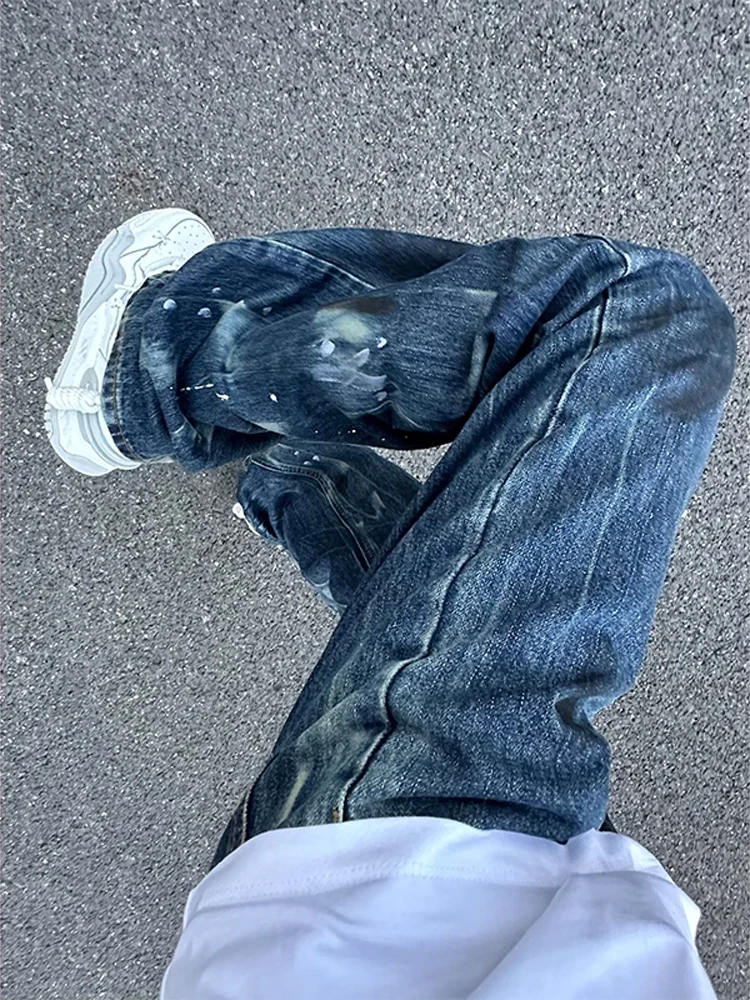 

American Retro Splaed Ink Jeans Men's Design Sensation Street Cool Pants Cleanfit Straight Leg Micro Flare Pants