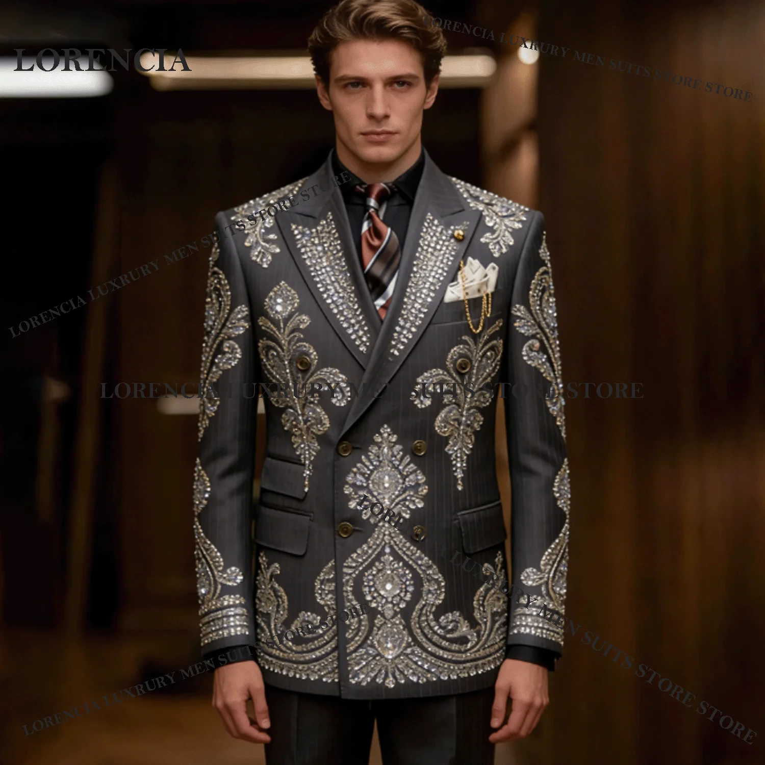 

Customized Glitter Embroidery Men suits For Wedding Groom Gem Jewelry Male Prom Party Handmade Blazer 2 Pieces Sets Tuxedos Slim