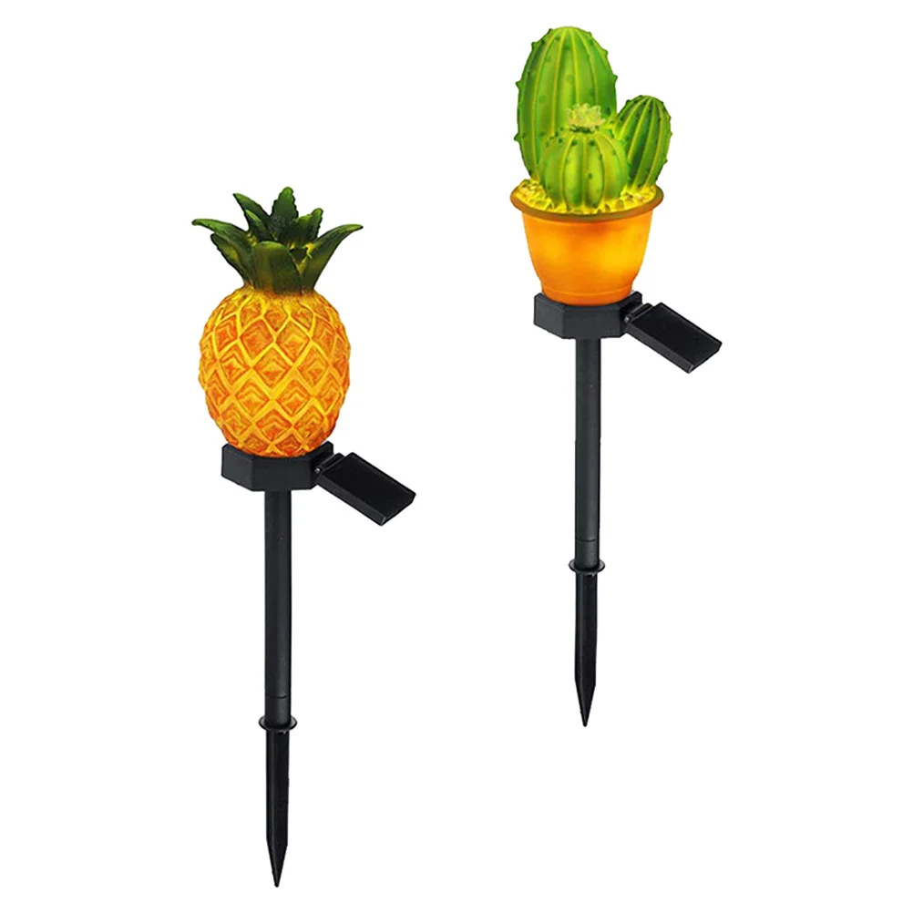 2 Pcs Solar Powered Cactus Pineapple Garden Stake Lights Outdoor Decorative Lawn Lanterns for Courtyards Landscaping Enhancement