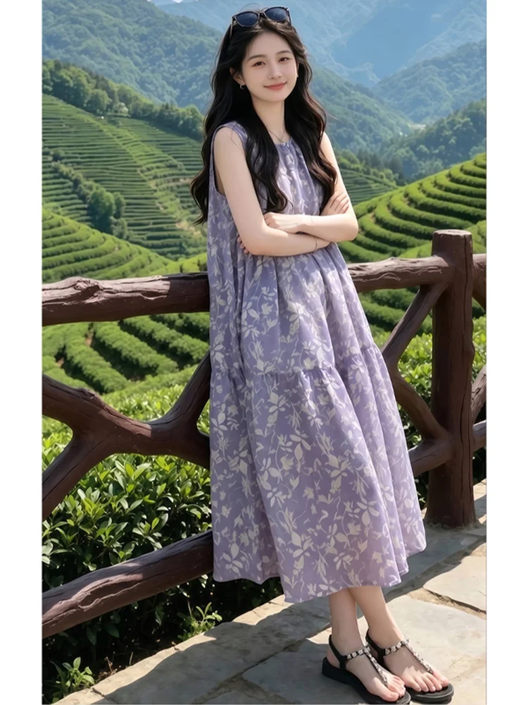 Elegant Floral Print Gown with Pleats Sleeveless round Neck Design for Ladies Vintage Style High Waist A-Line Dress