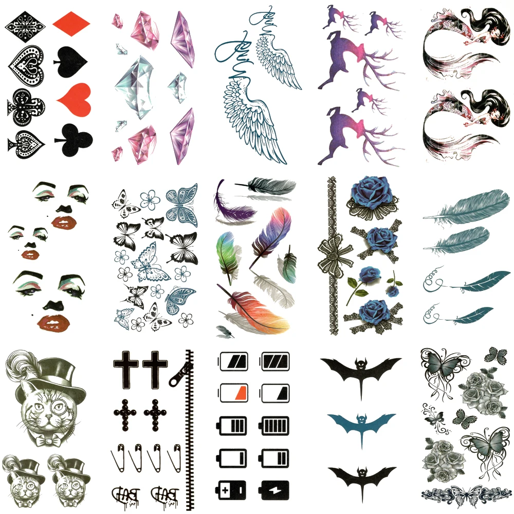 30Pcs/Lot,Waterproof Temporary Fake Tattoos Stickers,Water Transfer,Colored Butterfly,Flower,Feather,Cat,for Girl Women,Body Art