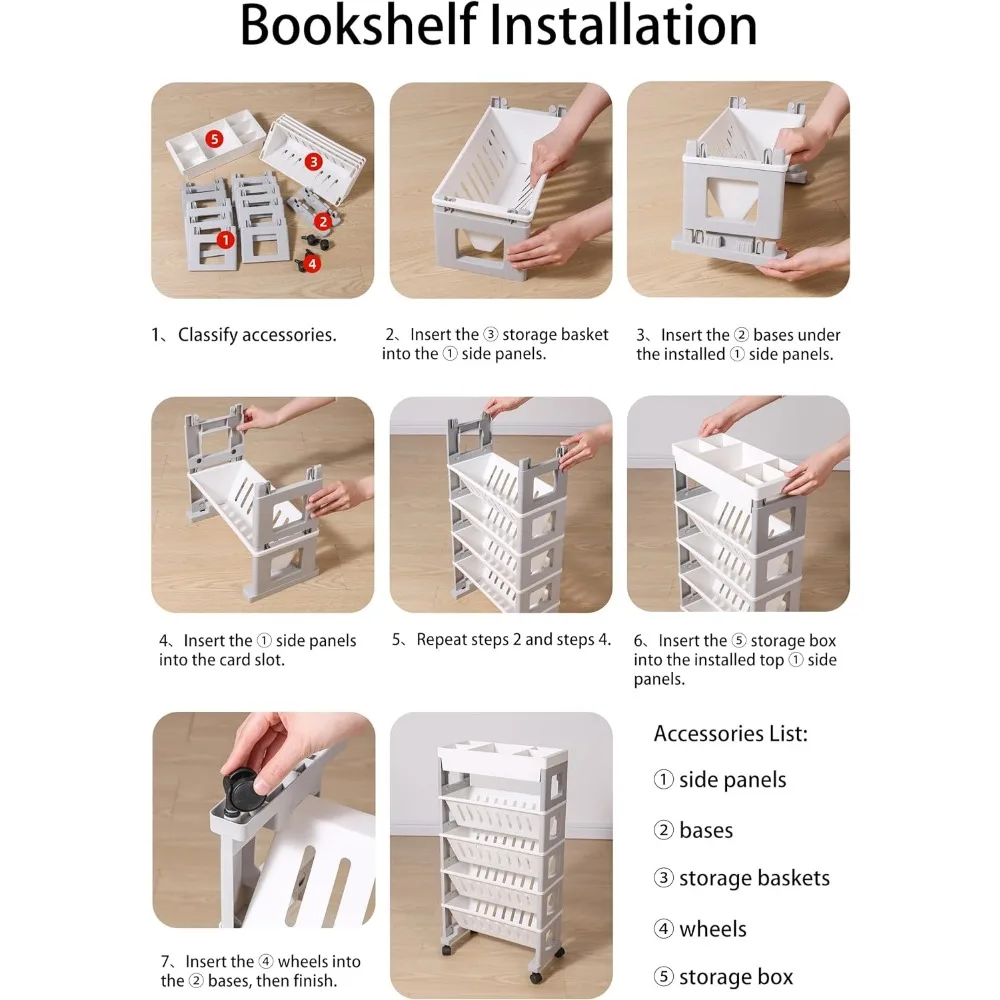 5 Tier Book Rack Storage Bookshelf, Mobile Bookshelf with Wheels, Removable Movable Unique Bookcase, Rolling Book Cart