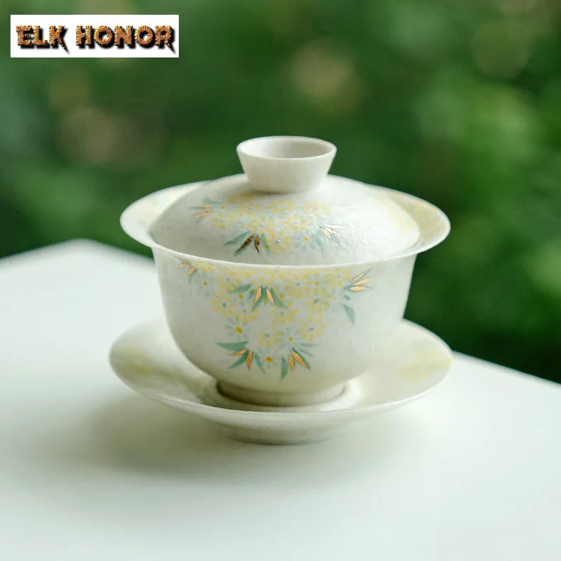 160ml Hand-painted Small Daisy Three-talent Gaiwan Luxury Tea Tureen Tea Bowl With Lid Kit Tea Brewing Cover Bowl Teaset Craft