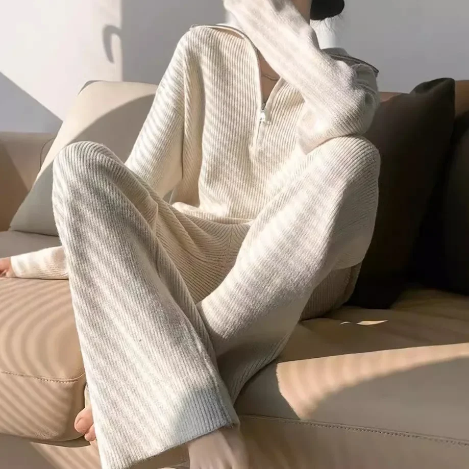 2025 Winter Two Piece Sets Women Clothing Autumn Casual Solid Round Neck Pullover Loose Fit Knitted Sweater Pants Suits
