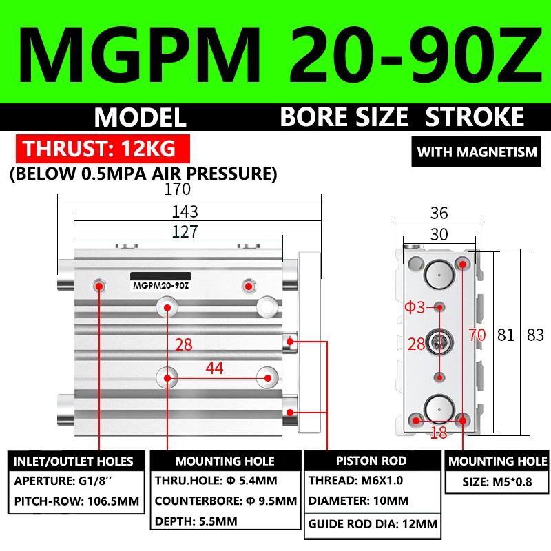 

ABILKEEN MGPM Series Pneumatic Compact Guide Cylinder MGPM20-90Z 20MM Bore X 90MM Stroke Thin Three Axis Three Rod Air Cylinder