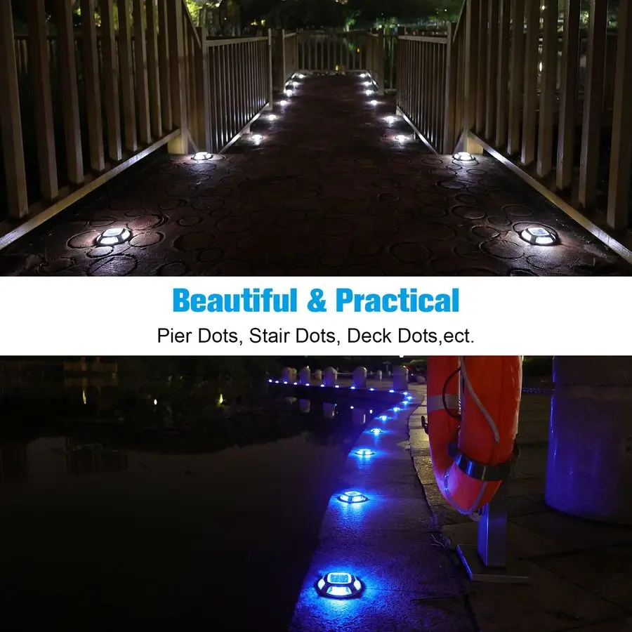 Luces marinas de muelle solar, paquete de 12, 2 colores en 1, luces de cubierta de marcador de entrada impermeables con energía solar LED IP68 para exteriores para advertencia