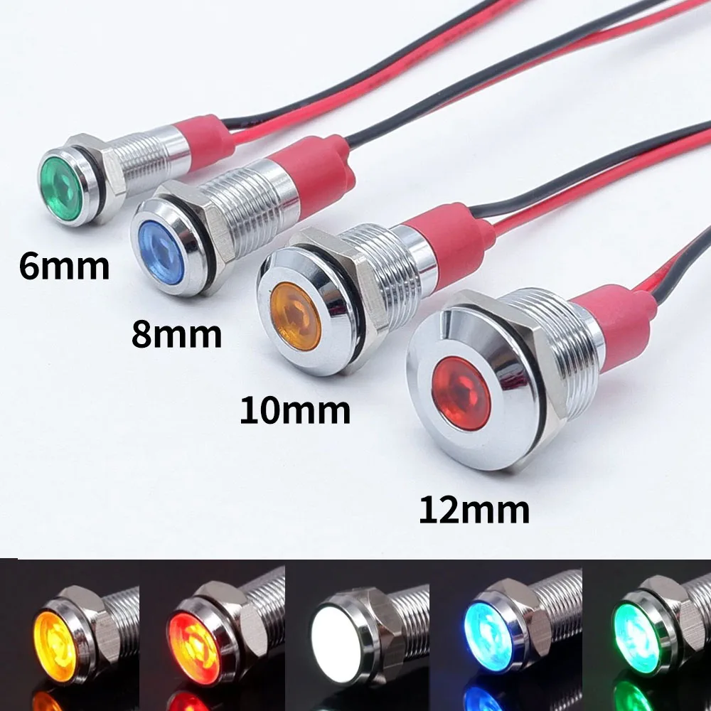 20 pz 6/8/10/12mm metallo LED indicatore luminoso spia spia spia pilota con filo rosso blu bianco verde arancione 5V 12V 110V 220V