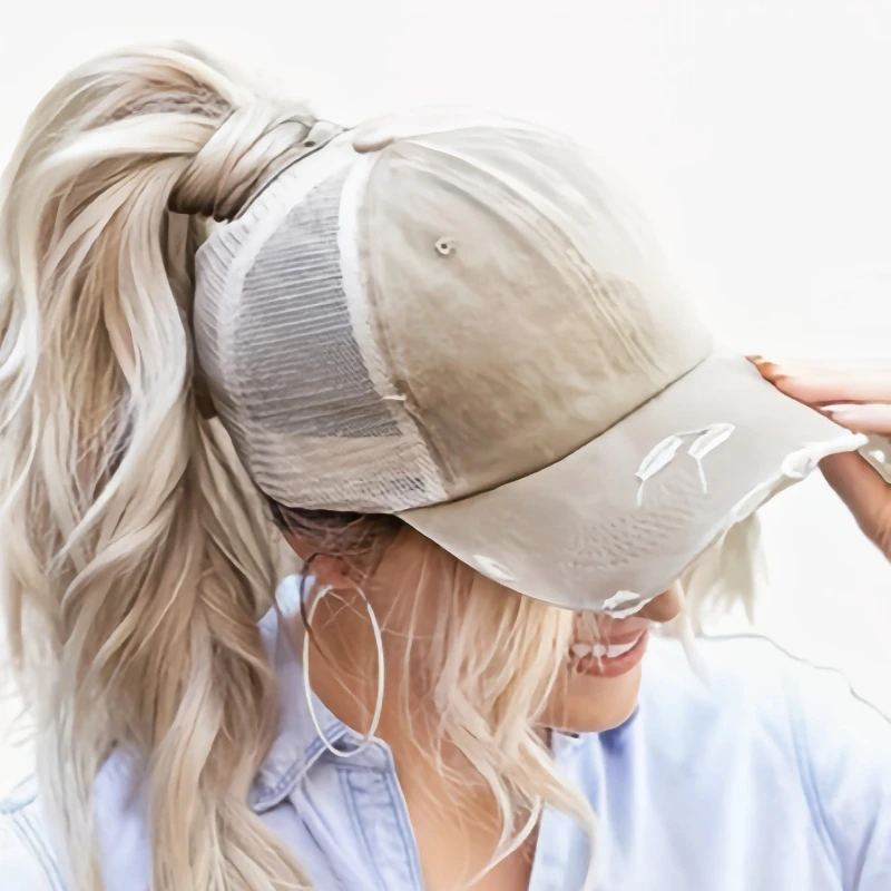

Mesh Ripped Ponytail Hat Adjustable Curved Brim Outdoor Sports Breathable Sun Hat Women's Summer Washable Baseball Cap
