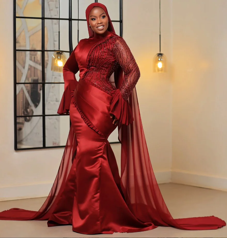 Gaun Formal Muslim Afrika Warna Merah Anggur dengan Jubah Berkilau Lengan Panjang Hijab Kerut Leher Tinggi Gaun Malam Pesta Dapat Disesuaikan