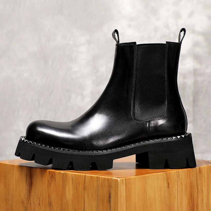 

British Autumn Winter Cowhide Chelsea Boots Men Design Genuine Leather Thick Sole Casual Work Shoes Male Platform Ankle Boots