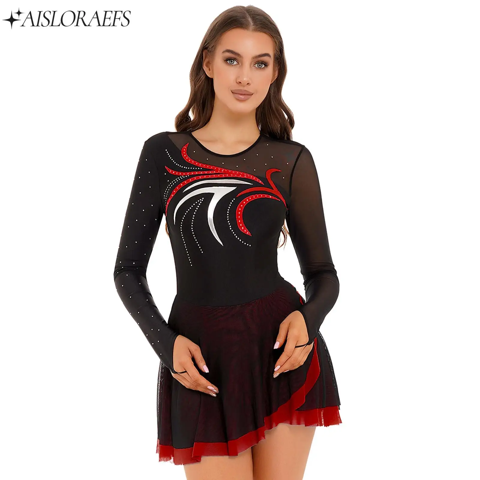 Figure Skating Dress Women Adults Ballet Outfits Rhinestone Sheer Mesh Ballerina Competition Wear Gymnastics Leotard Dress