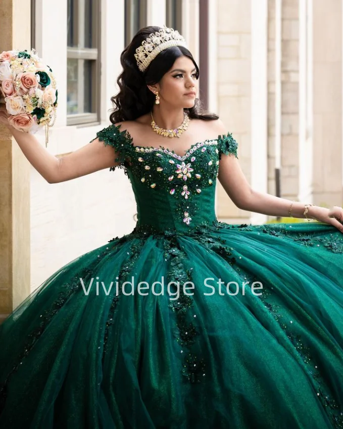 Customized  Dark Green Princess Strapless Corset Prom Dresses 15 Years Formal Quinceanera Dress Beaded Applique robes de soirée