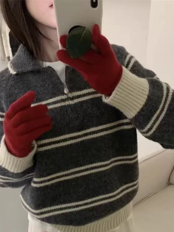 Koreanische Sle Kragen Gestreiften Pullover frauen Herbst Winter Lose Fit f Zip Weiche Gestrickte Top Jugendliche Lange Sve