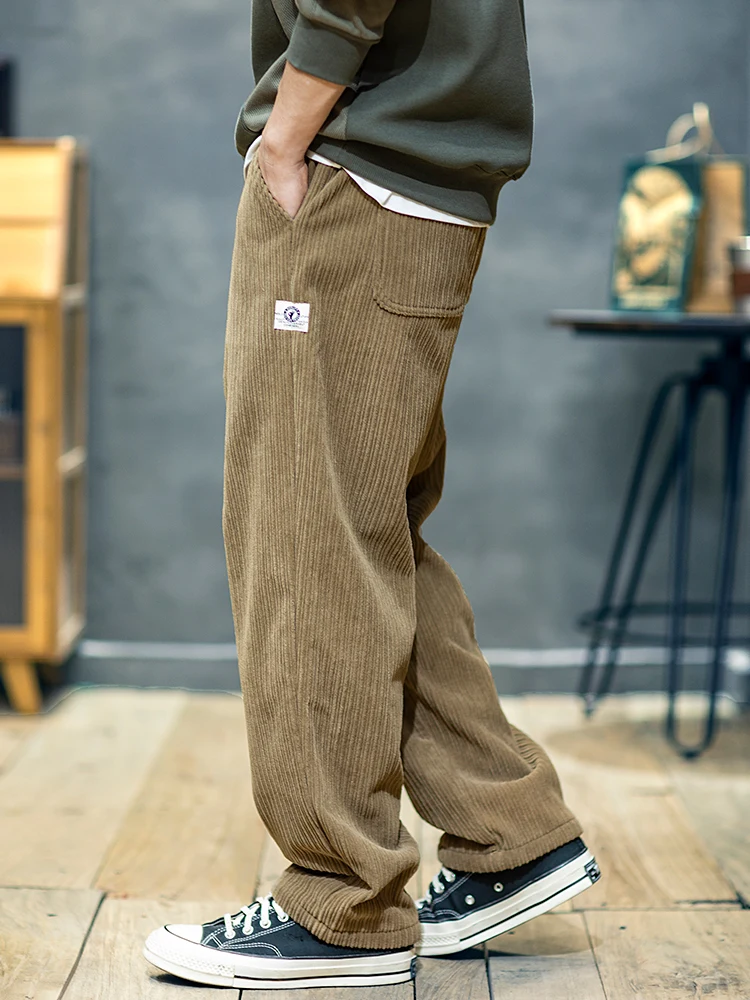 American Retro Corduroy Straight Leg Pants Men's Loose Wide Leg Casual Trousers Fashion Brand Elastic Waist Youthful Style