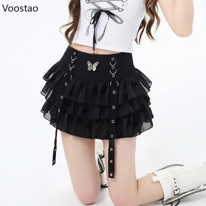 Gothic Y2k Lolita Cake Skirts Women Fashion Casual Butterfly Print A-Line Mesh Mini Skirt Female Vintage Punk Fluffy Short Skirt