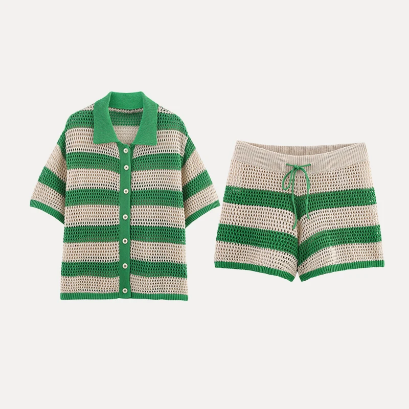 

Z 2025 New Women's Knitted irt Jaet And orts Set Polyester Fiber Summer Faion Outfit ort Sve Top