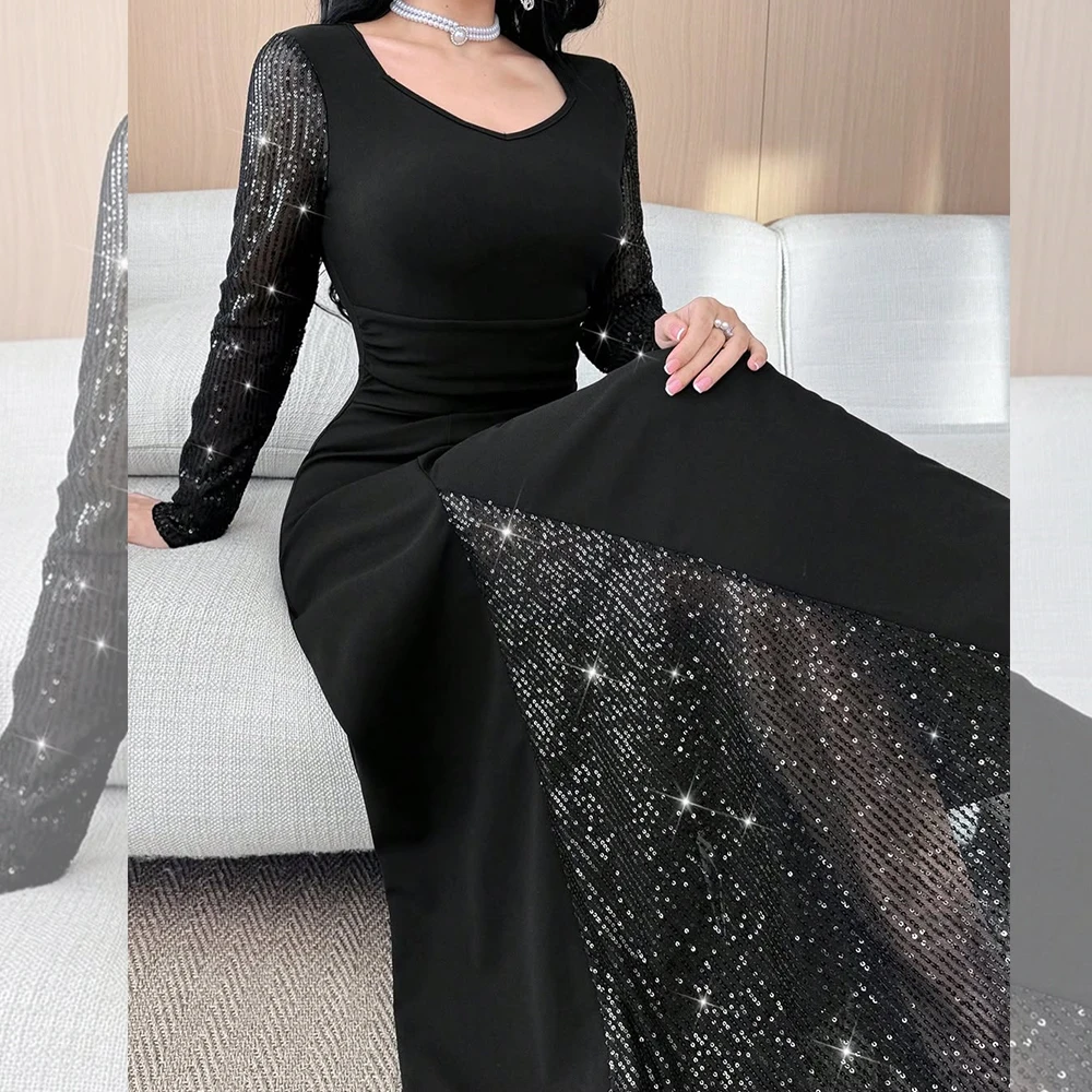 Sukienki wieczorowe z koralikami na zamówienie dla kobiet, suknie formalne z dekoltem typu O, na przyjęcia, z długimi rękawami, czarna sukienka koktajlowa, długa.