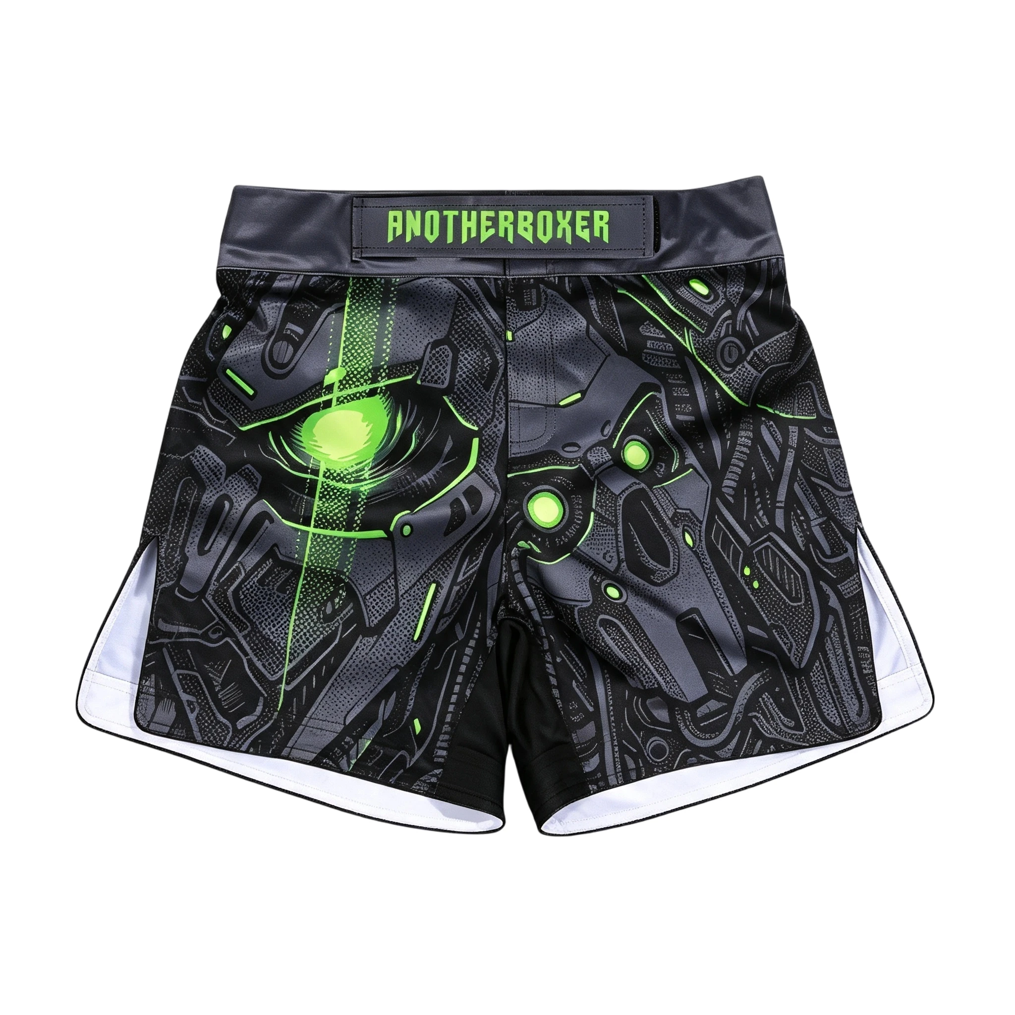 Herren MMA Grappling Shorts Schwarz & Neongrün Mechanischer Druck Kampfshorts Hohe Seitenschlitze Flexible Shorts für Kickboxen BJJ